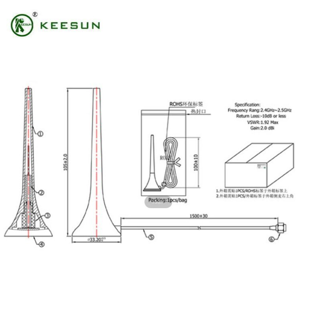 SU00061 | Antena Getah 2.4G 5dBi dengan Kabel MI1.13 ke Penyambung Lelaki SMA